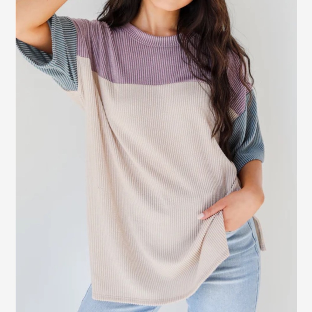 Dress Up Corded Purple Blue Cream Boxy Relaxed Short Sleeve Tee